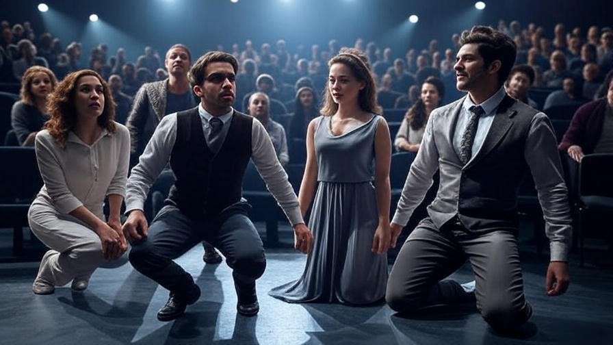 Actors in modern Shakespeare-inspired costumes performing on stage at Merchants Walk Theater, reimagining classic plays