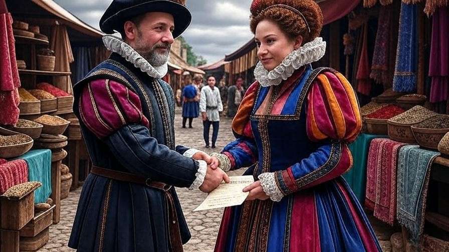 Elizabethan merchants shaking hands over a contract in a bustling marketplace, representing Shakespearean trade bonds