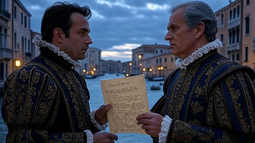 Antonio and Shylock in a tense exchange over a bond in a Venetian setting from The Merchant of Venice