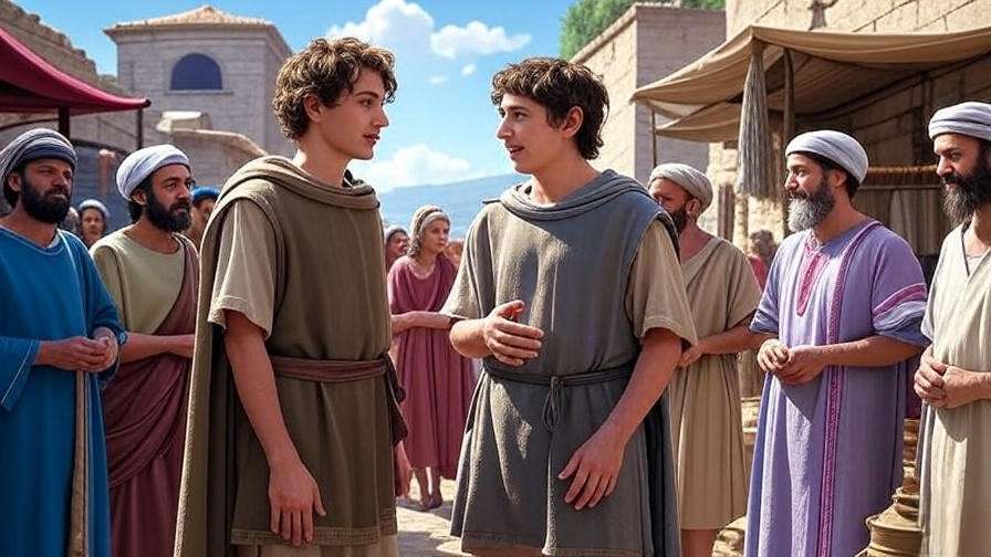 Twins from The Comedy of Errors interacting with merchants in an ancient Ephesus marketplace
