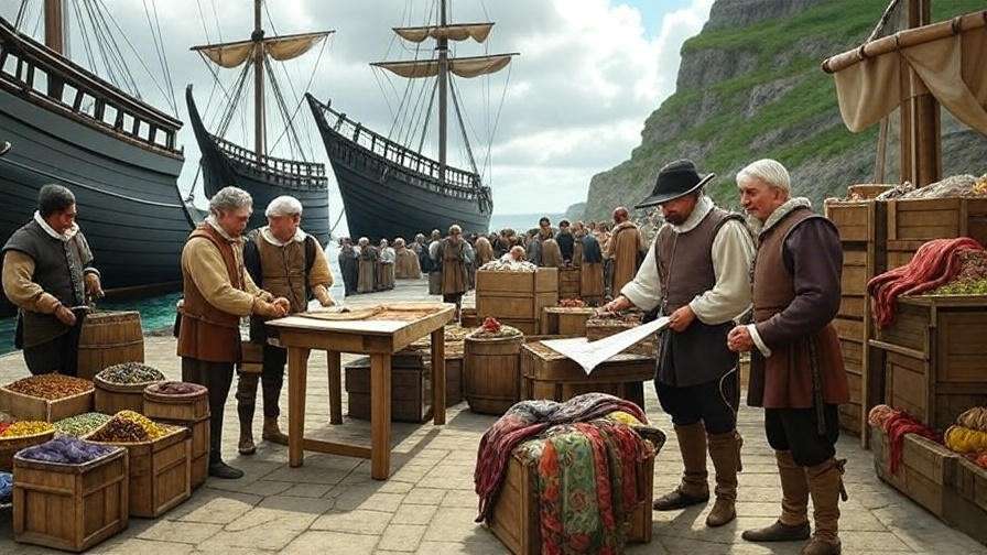 Elizabethan trade ships at a busy port with merchants inspecting goods, reflecting Shakespearean economic landscape