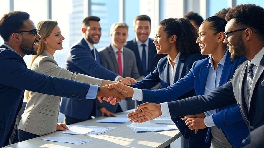 Modern professionals shaking hands over a contract in an office with city skyline, symbolizing trust in business