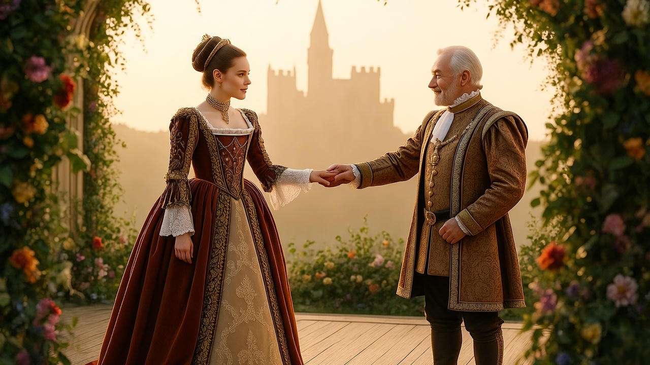 Dramatic theatrical reunion scene of a lost heiress and king in Elizabethan attire on stage with castle backdrop