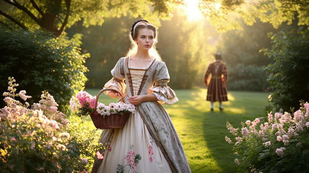 Serene garden scene of a lost heiress with flowers and a regal figure approaching in warm sunlight