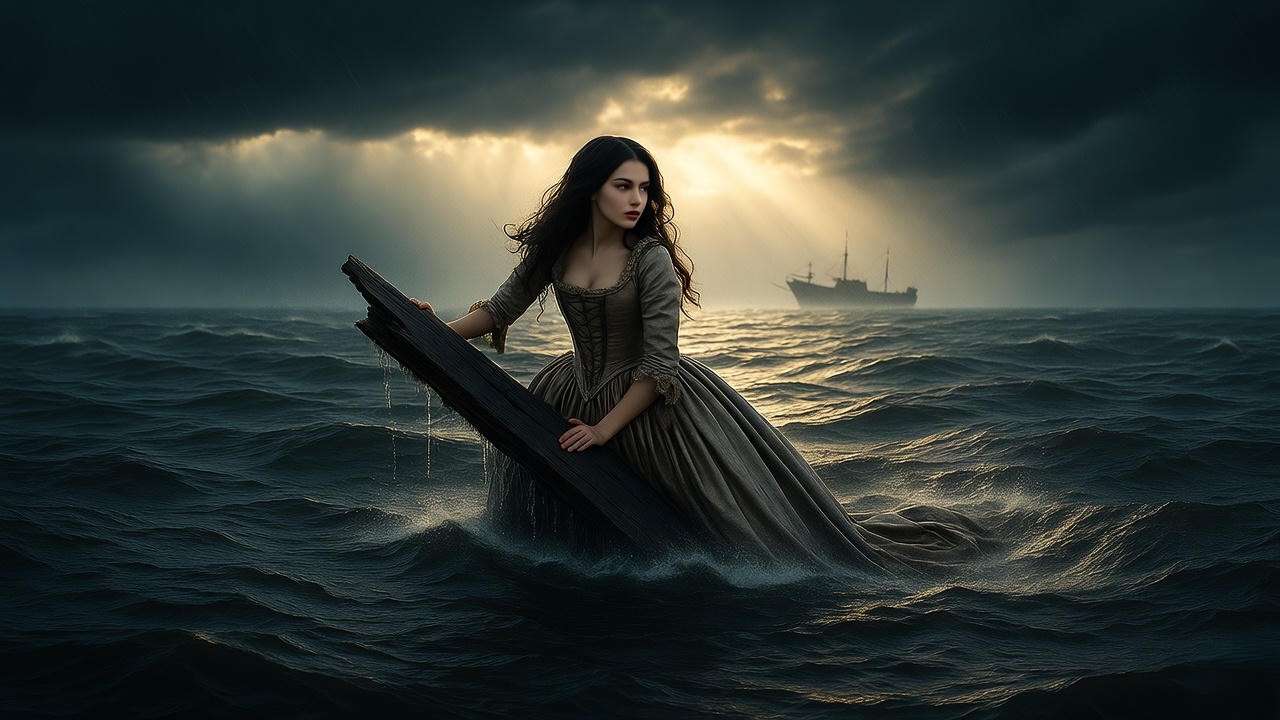 Stormy sea scene of a lost heiress on wreckage with a ship and ray of light.