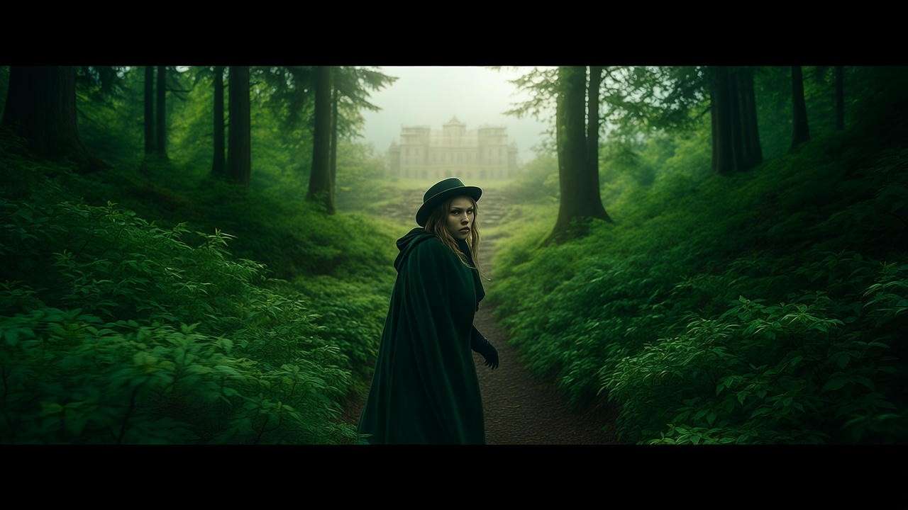Forest path with a disguised lost heiress walking toward a royal palace.
