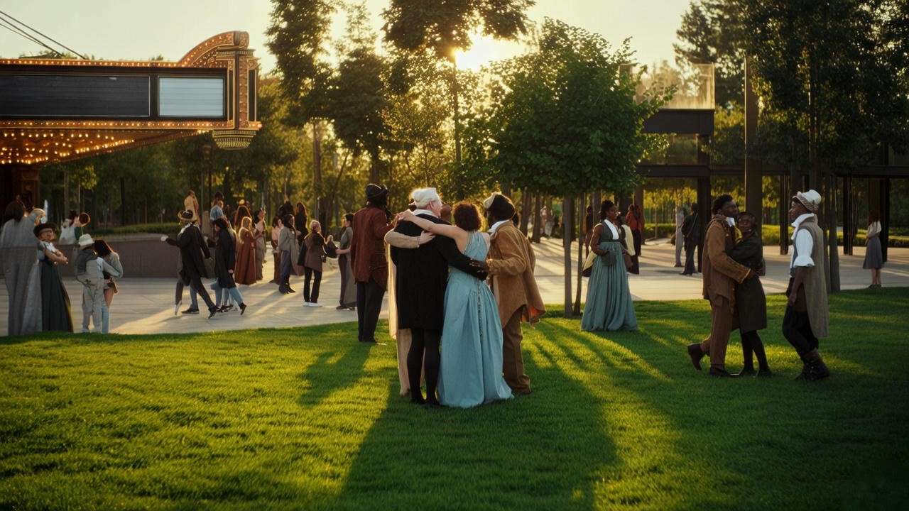 Modern family reunion in a park with theater marquee and Shakespearean attire inspiration