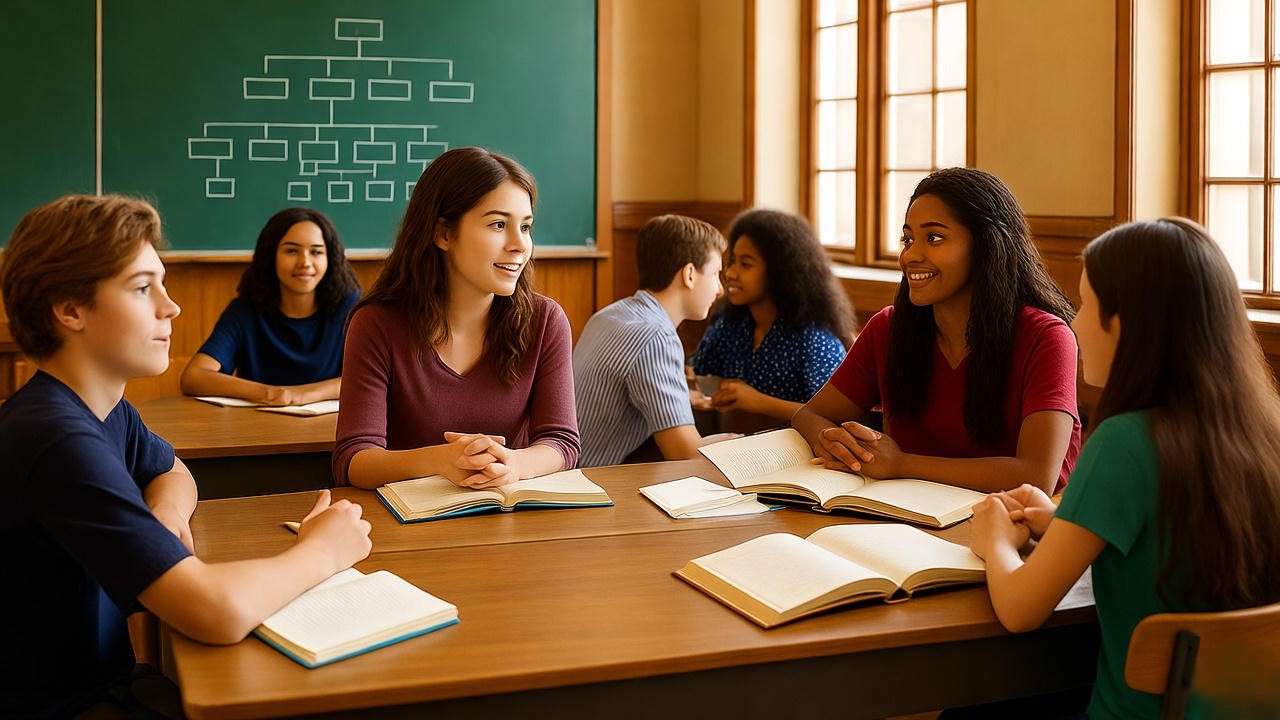 Classroom scene with students analyzing Shakespeare play and family tree diagram