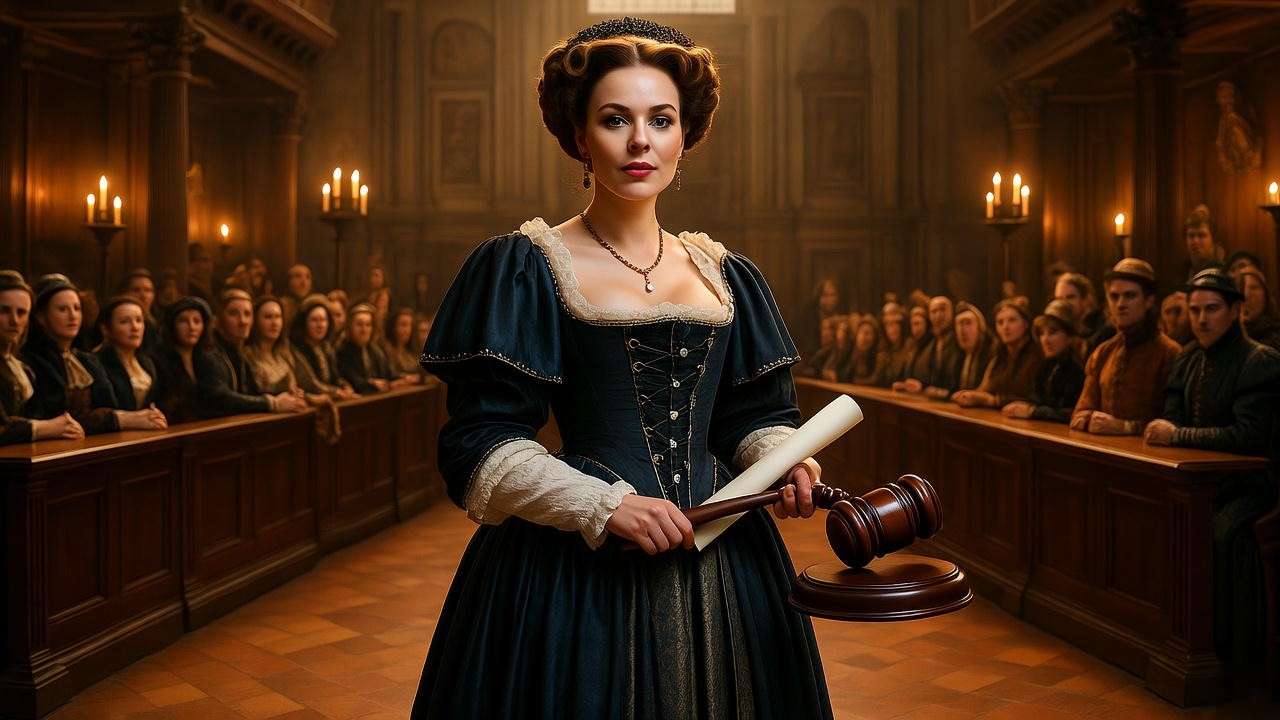 Dramatic courtroom scene with Portia as a lawyer in The Merchant of Venice, 16th-century Venice setting