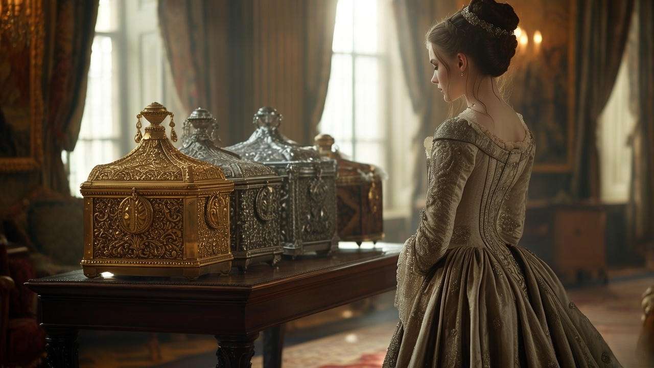 Symbolic depiction of the casket test with Portia in Belmont from The Merchant of Venice.