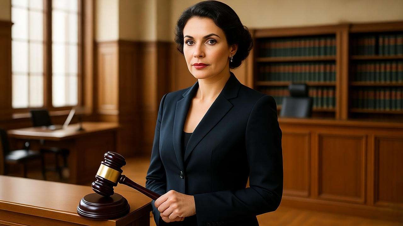 Modern woman symbolizing Portia’s feminist legacy in a contemporary courtroom setting