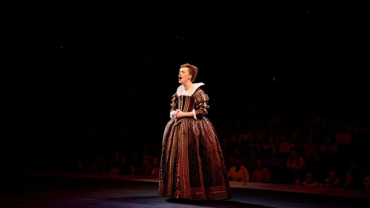 Theatrical performance of Portia delivering the mercy speech in The Merchant of Venice