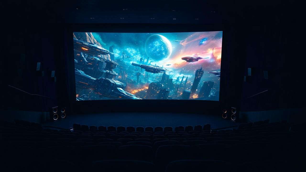 High-tech projection screen at Merchants Walk Movie Theater with advanced audio equipment