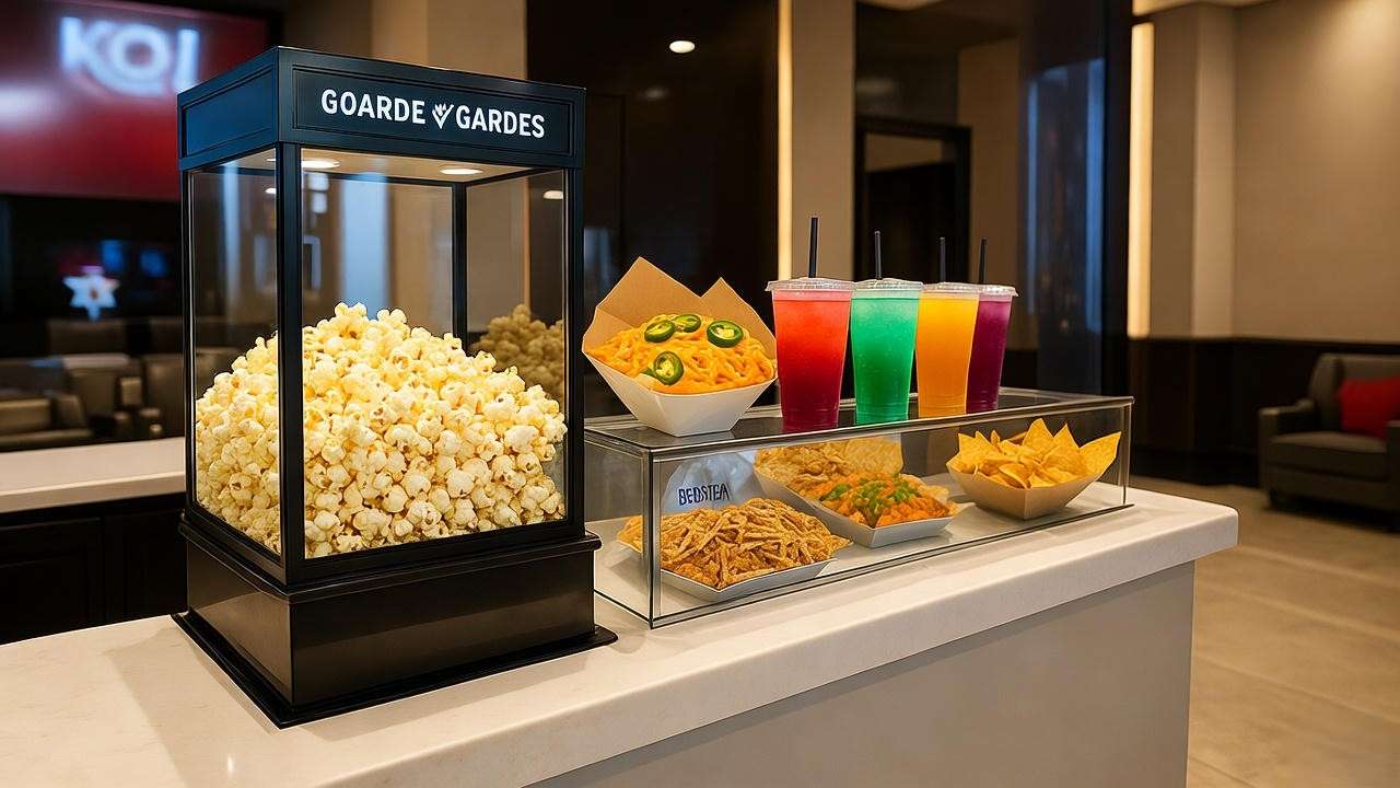 Gourmet snacks and drinks at Merchants Walk Movie Theater concession stand.