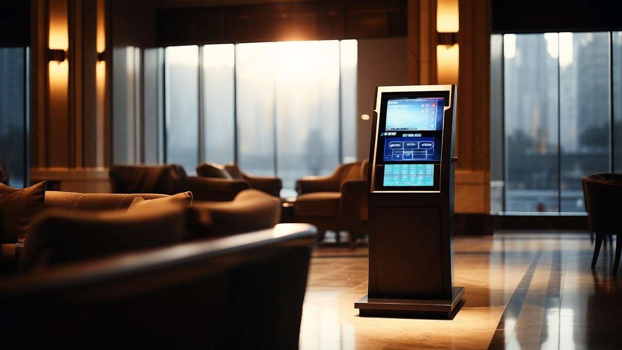 Digital ticket kiosk in the modern lobby of Merchants Walk Movie Theater.