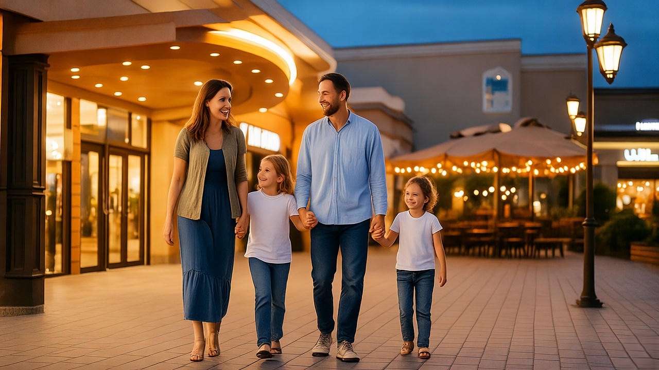 Family heading to Merchants Walk Movie Theater with shopping center in background