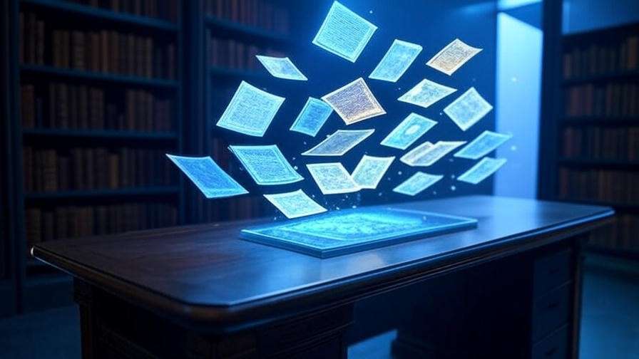 Holographic display of Shakespeare manuscripts in a digital archive, highlighting Richard Williams III's digital legacy.