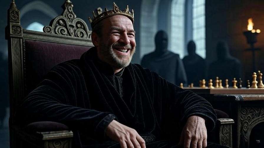 Dramatic depiction of Richard III on throne, symbolizing manipulation and power in Shakespeare’s play.