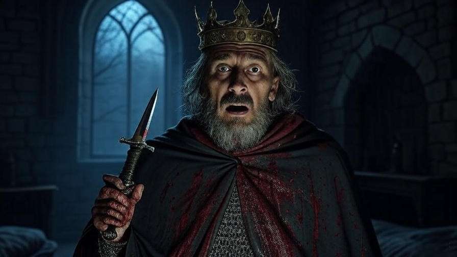Eerie vision of Macbeth with a ghostly dagger, reflecting his tragic ambition in Shakespeare’s play.