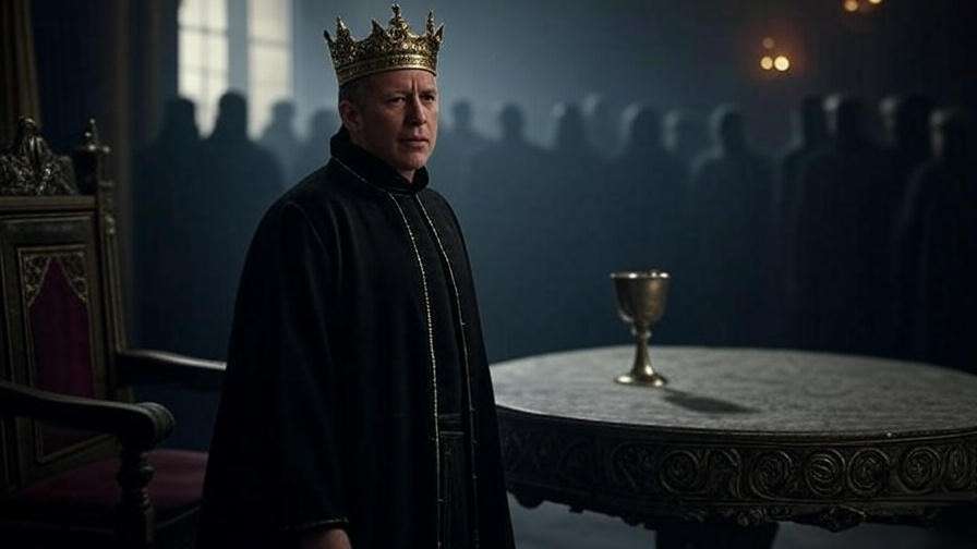 Ominous portrayal of Claudius in court, symbolizing betrayal in Shakespeare’s Hamlet.