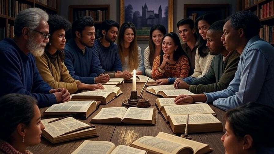 Cozy library scene of a Shakespeare study group, inspiring learning about wicked kings.