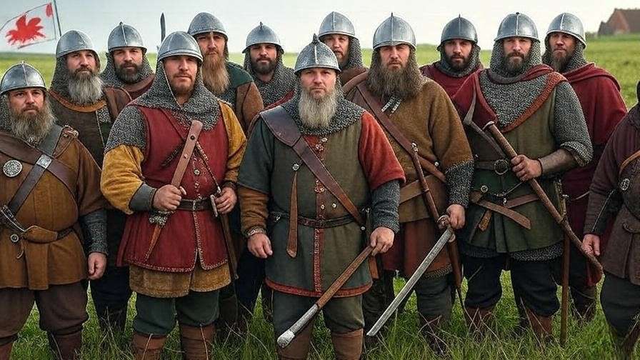 Diverse medieval soldiers from Wales, Scotland, and Ireland united with an English flag backdrop