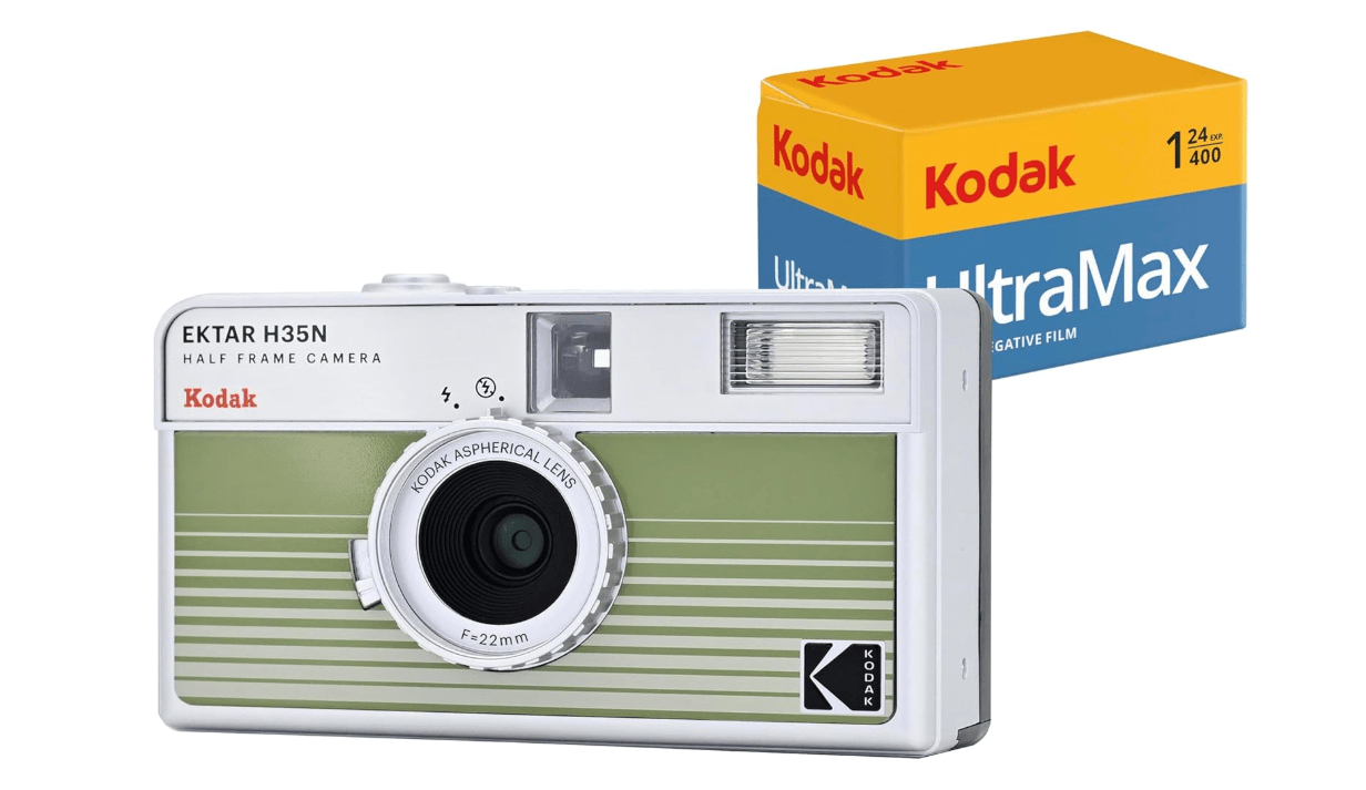 
KODAK EKTAR H35N Half Frame Film Camera Bundle with Kodak Ultramax 400/24EXP 35mm Roll Film (Striped Green, Bundle)
