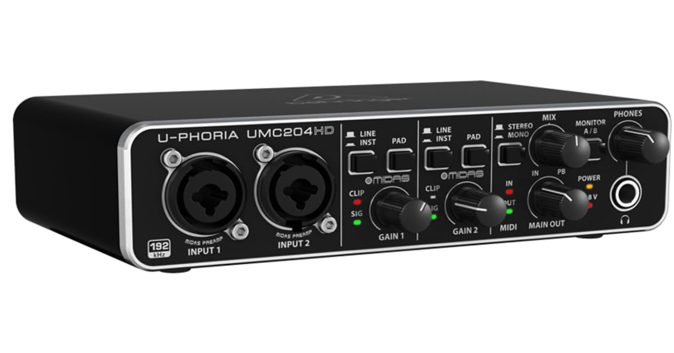 
Behringer UMC204HD Audiophile 2x4, 24-Bit/192 kHz USB Audio/MIDI Interface with Midas Mic Preamplifiers | For Recording Microphones and Instruments