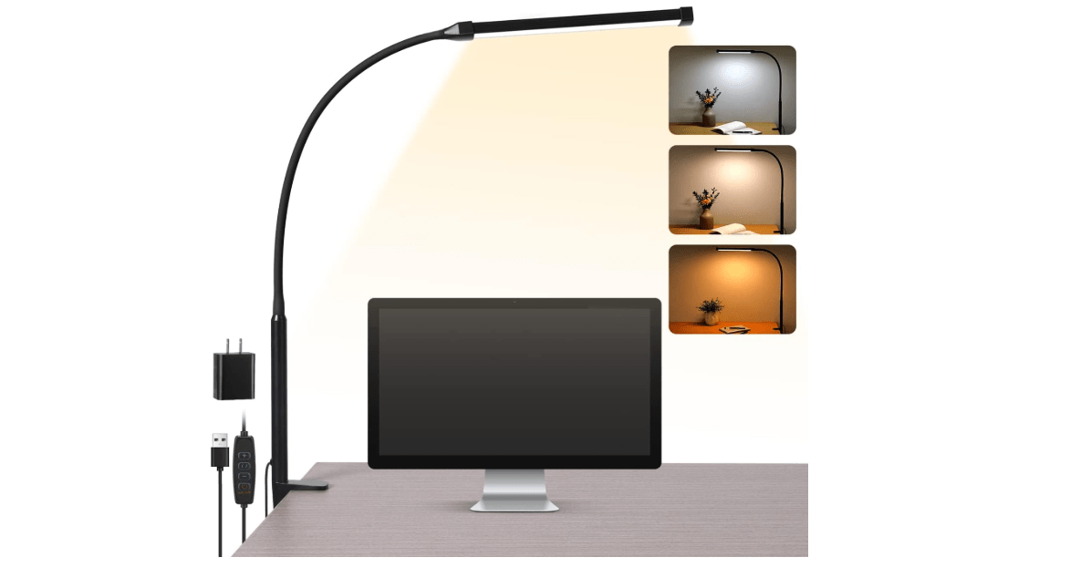 Voncerus LED Desk Lamp with Clamp, Eye-Caring Clip on Lights for Home Office, 3 Modes 10 Brightness, Long Flexible Gooseneck, Metal, Swing Arm Architect...
