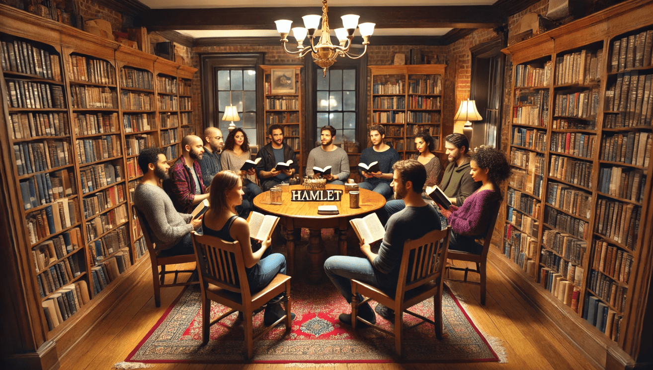 Commack book club discussing Hamlet with annotated texts in a cozy library setting