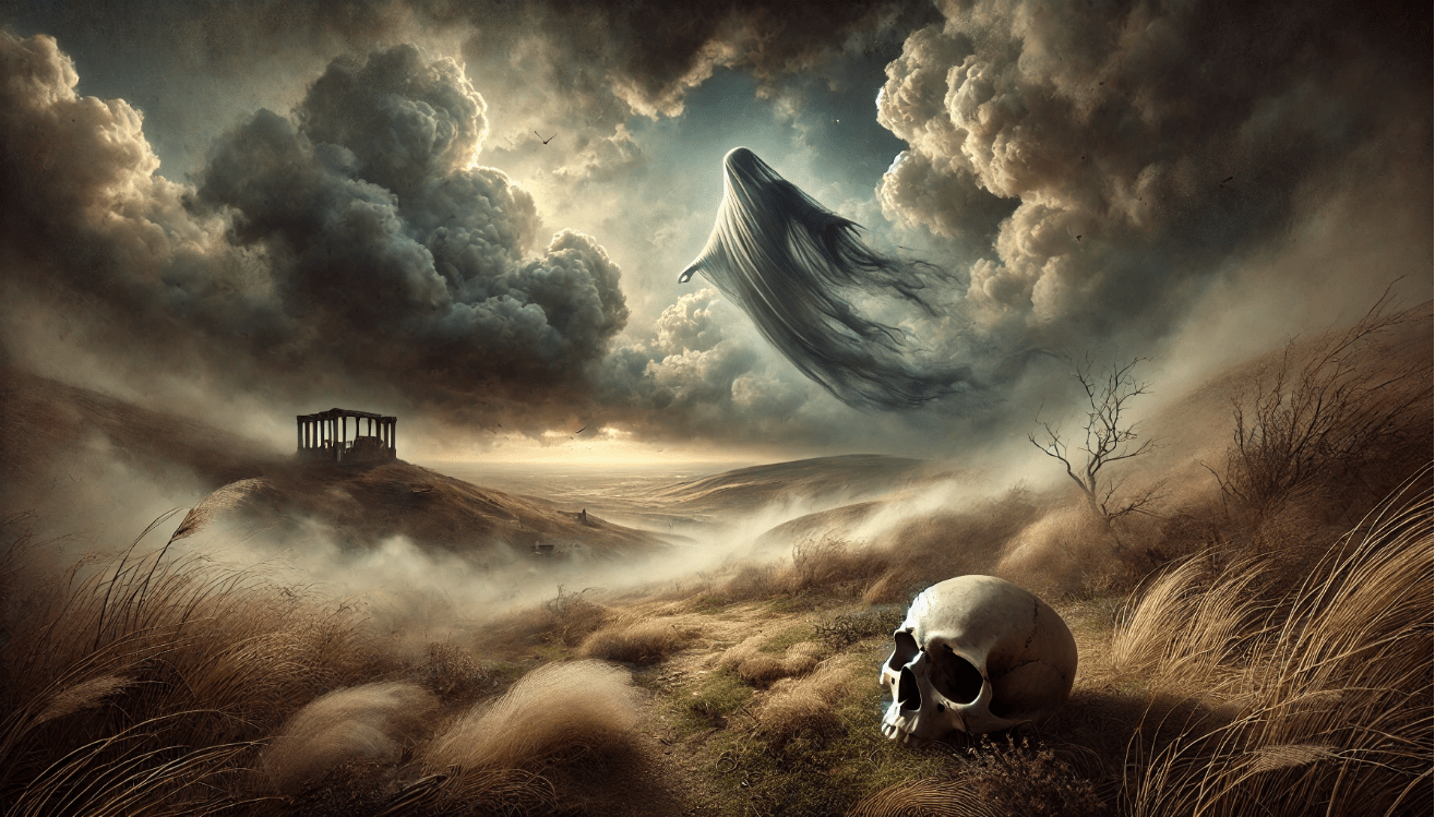 Symbolic image of Hamlet with ghostly figure, skull, and stormy sky representing revenge and mortality.