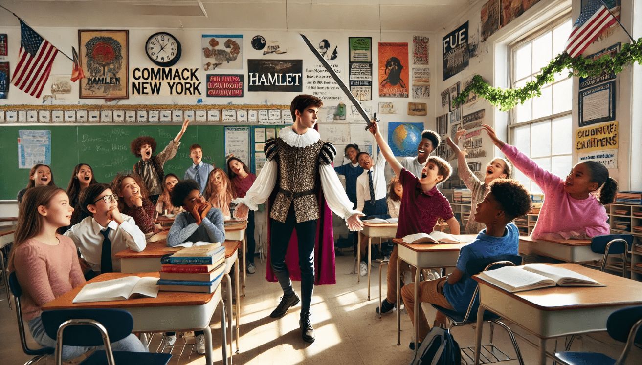 Commack students role-playing Hamlet scene with prop sword in classroom setting.