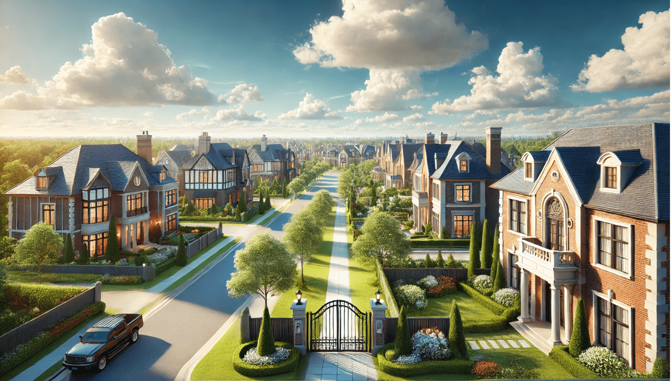 Luxurious gated community of The Hamlet Commack New York with Elizabethan-style architecture and green lawns.