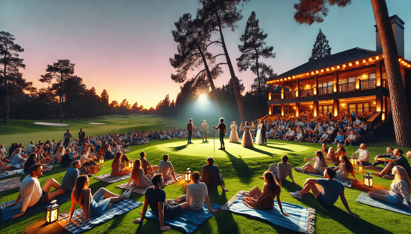Outdoor Shakespeare event at The Hamlet Commack New York golf course during sunset with actors and audience.