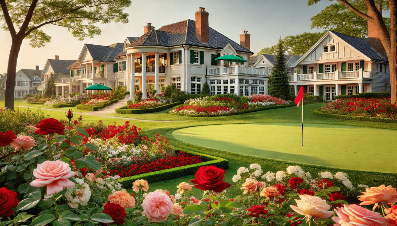 Scenic golf course and rose garden at The Hamlet Commack New York with elegant homes.