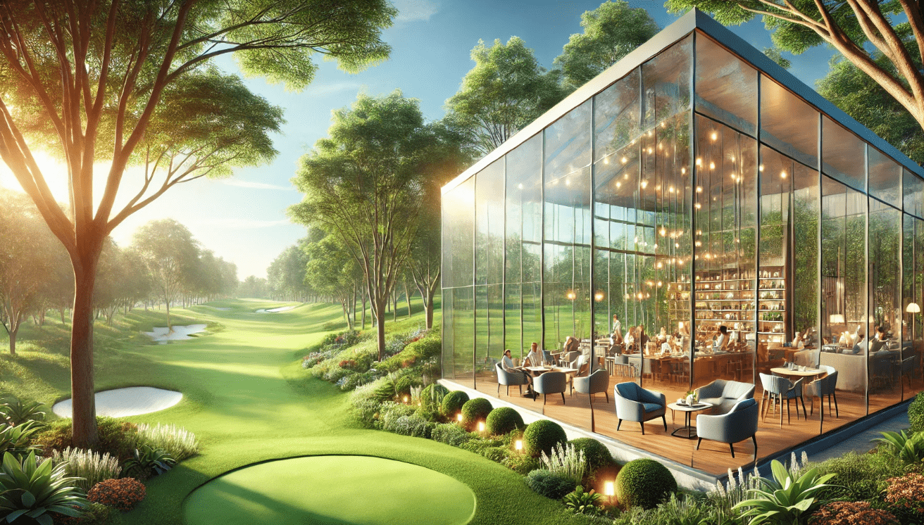 Modern conservatory and golf course blend at The Hamlet Commack New York for literary relaxation.