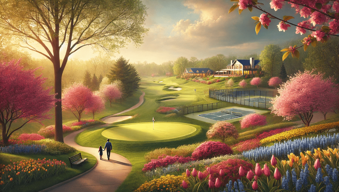 Spring family walk on The Hamlet Commack New York golf course with clubhouse view.