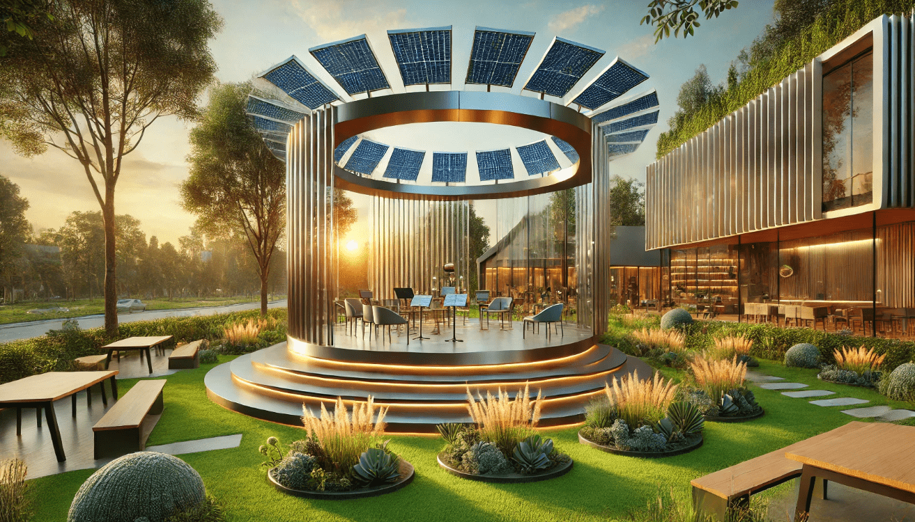 Futuristic eco-friendly stage at The Hamlet Commack New York under sunset.