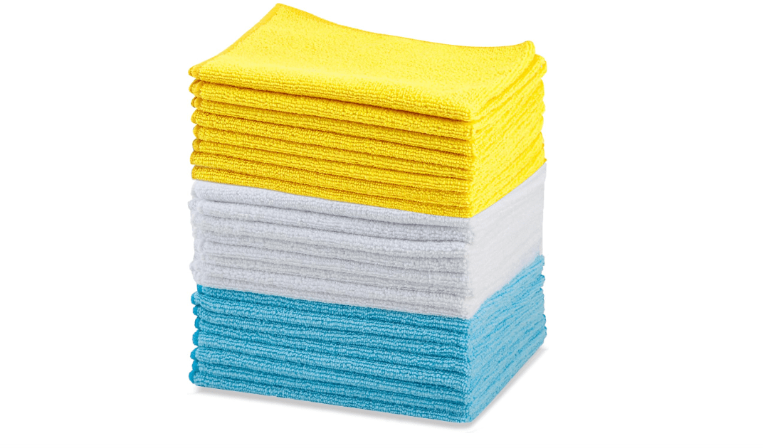 Amazon Basics Microfiber Cleaning Cloths, Ultra Absorbent, Lint Free, Streak Free, Non-Abrasive, Reusable and Washable, 16" x 12", Blue/White/Yellow...
