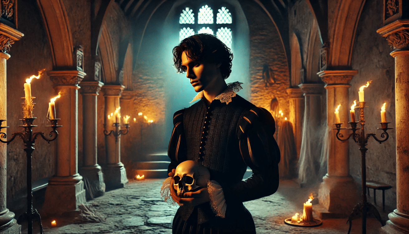 A contemplative Hamlet holding a skull in a shadowy Elizabethan castle hall, symbolizing his tragic heroism in Shakespeare’s play.