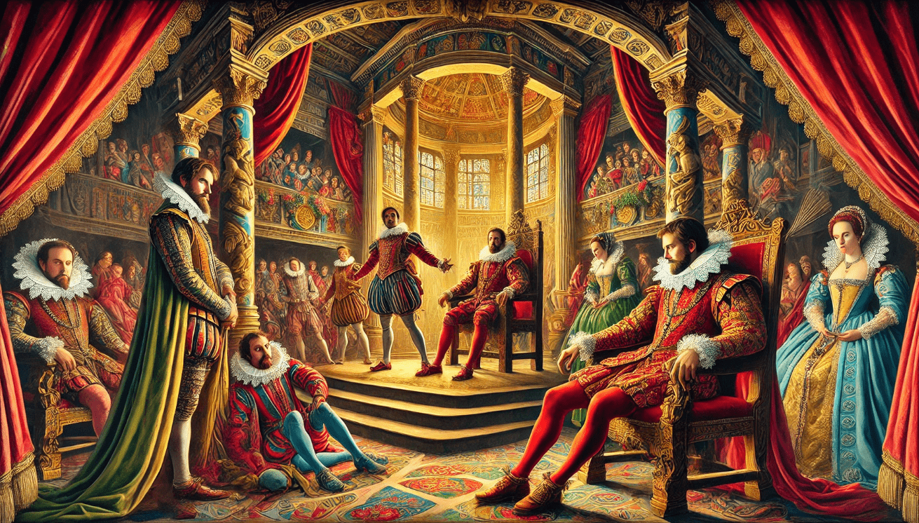Elizabethan actors perform the “Mousetrap” play in Hamlet, watched by a tense Claudius and a cunning Hamlet in a royal court setting.