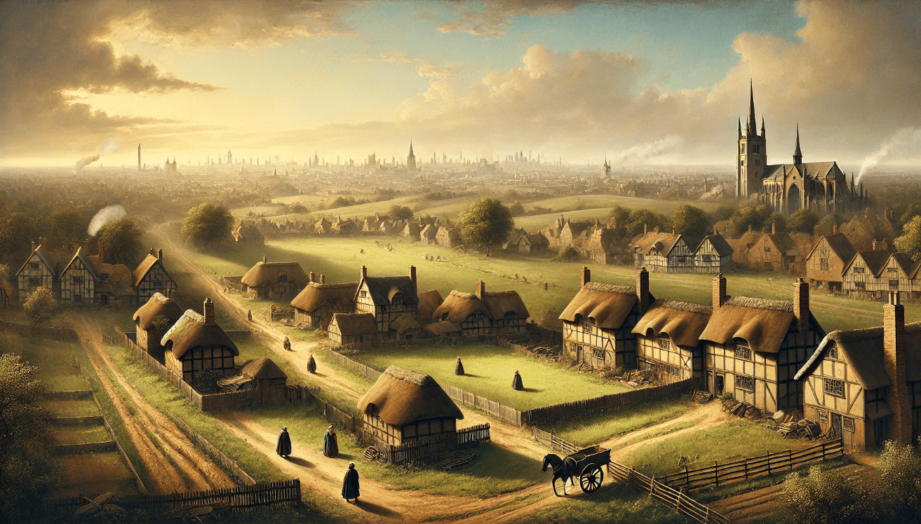 Elizabethan Bethnal Green with fields, cottages, and distant Tudor London skyline.
