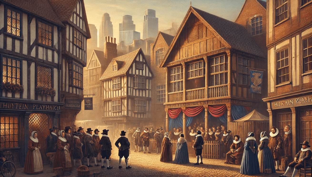 Shoreditch in the Elizabethan era with The Theatre playhouse and spectators arriving for a performance.