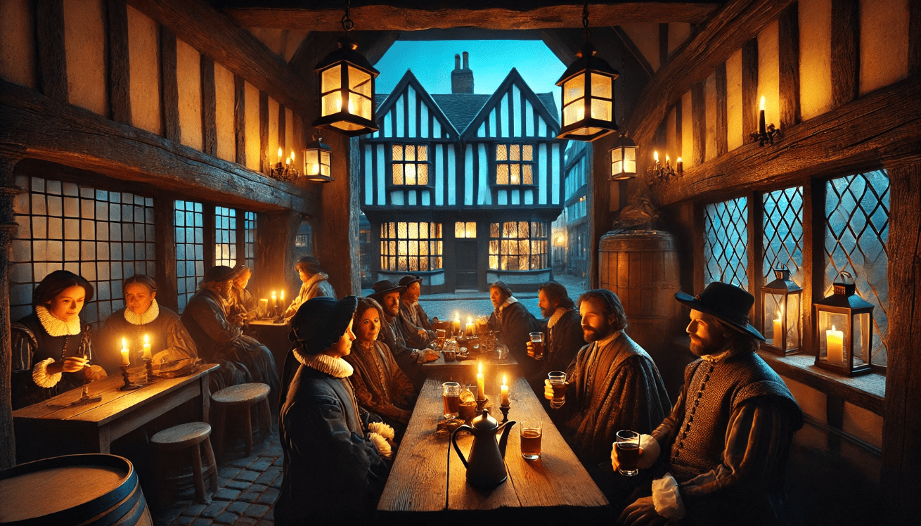 Elizabethan inn in Bethnal Green with actors and travelers gathered around a wooden table.