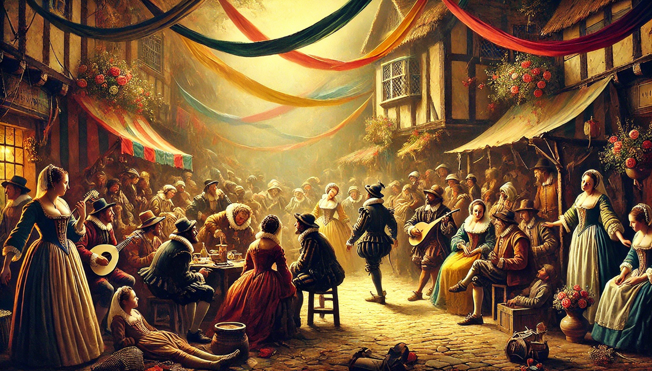 Elizabethan villagers in Bethnal Green celebrating with music and storytelling at a local fair.