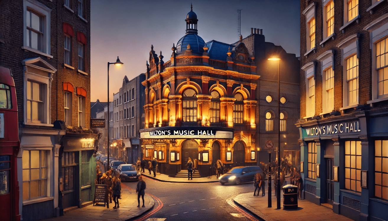Wilton’s Music Hall in Tower Hamlets illuminated at dusk, symbolizing East London’s living theater heritage