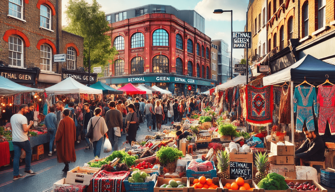Modern Bethnal Green Market bustling with people, colorful stalls, and historic red-brick architecture