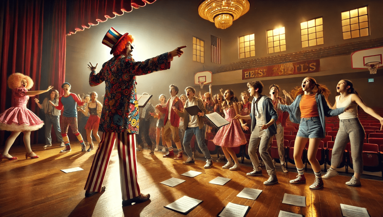 Steve Coogan as Dana Marschz directing students in a high school musical scene from Hamlet 2.