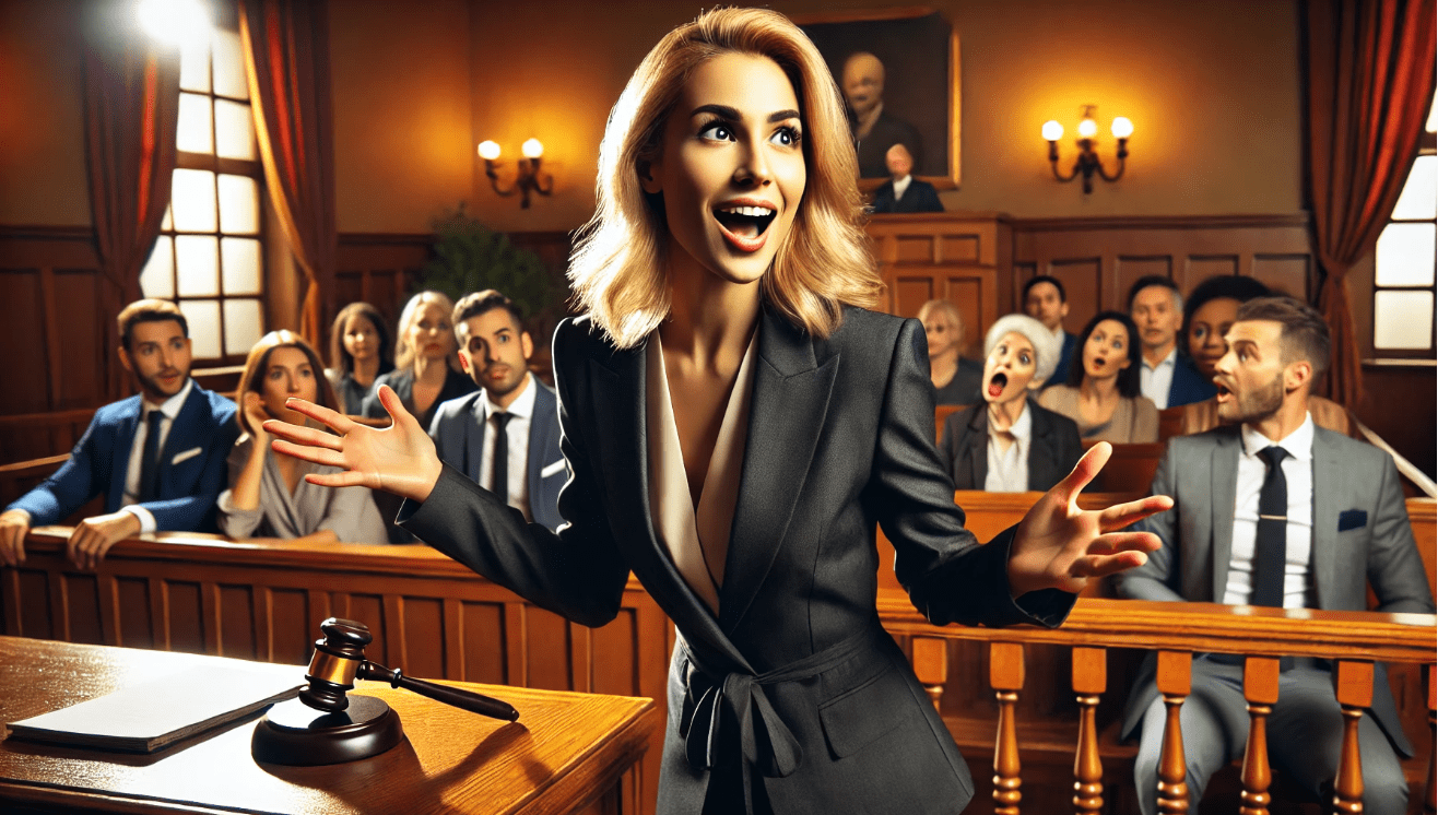 Confident female lawyer passionately defending a controversial play in a lively courtroom.