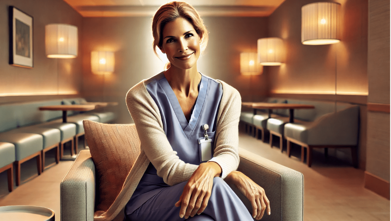 Former actress working as a nurse, sitting in a hospital lounge with a thoughtful smile.